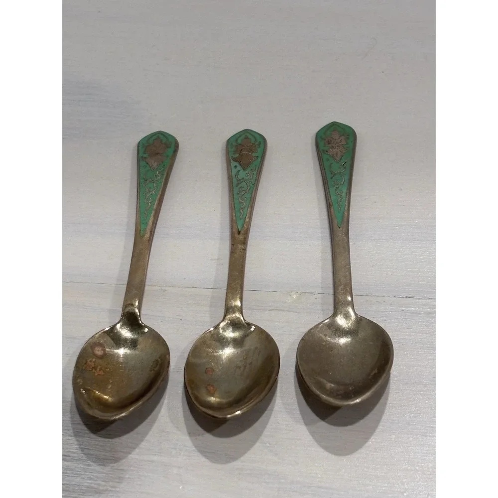 VTG Siam Thailand Demitasse Spoons Set 3 Brass Buddha Green Enamel Nickel Bronze